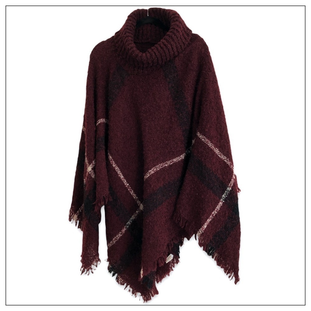 Indigo Soul Window Pane Cowl Neck Poncho Sweater